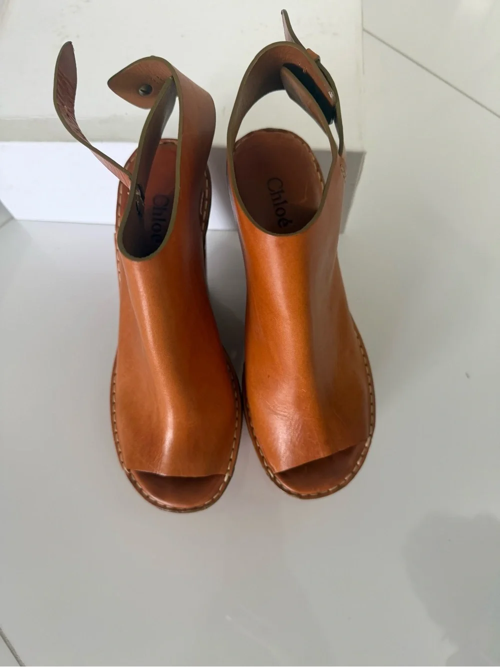 Chloé Tan‎ Leather Peep-Toe Platform Sandals